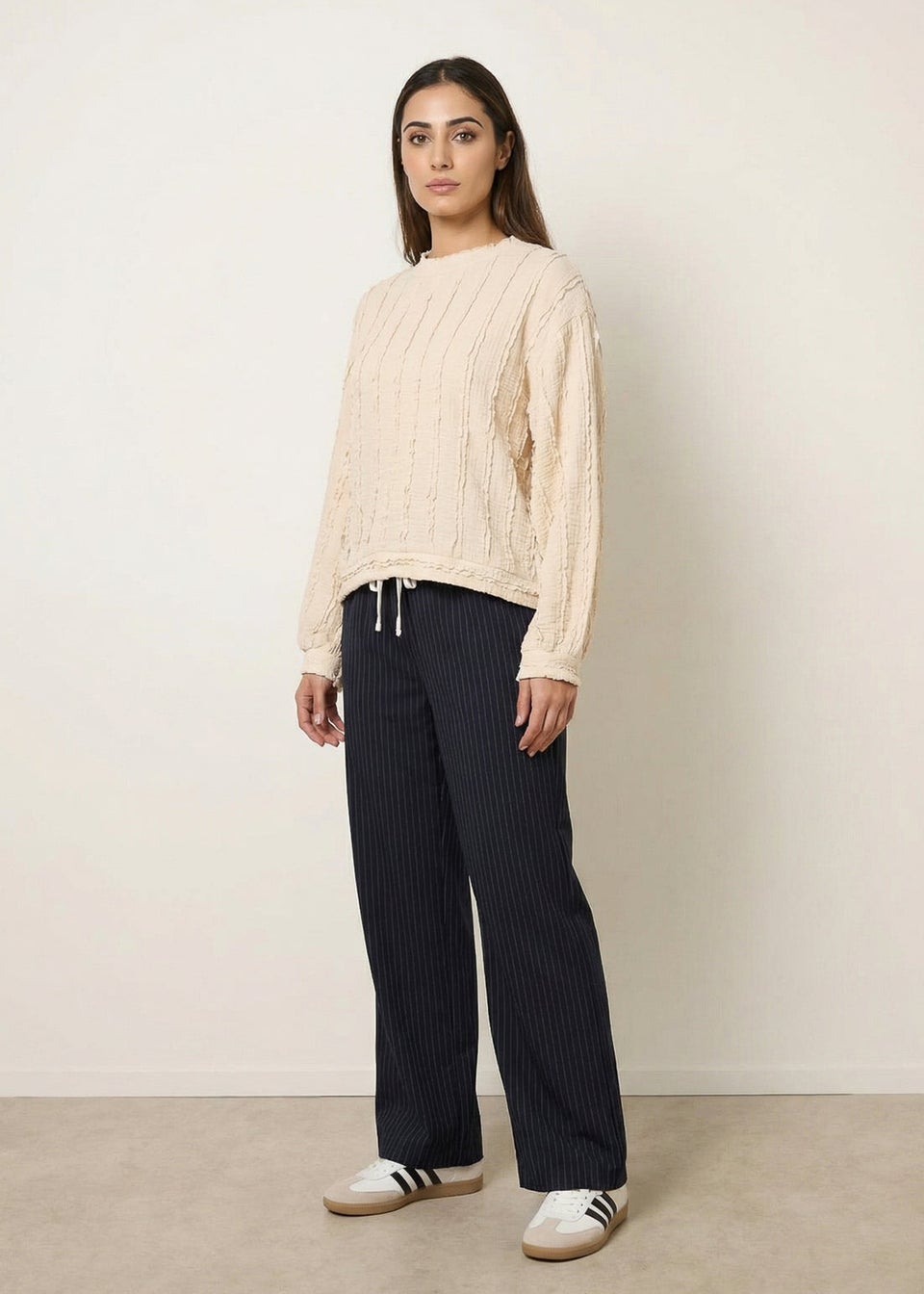 Blue Vanilla Beige Ruffle Detailed Sleeve Top