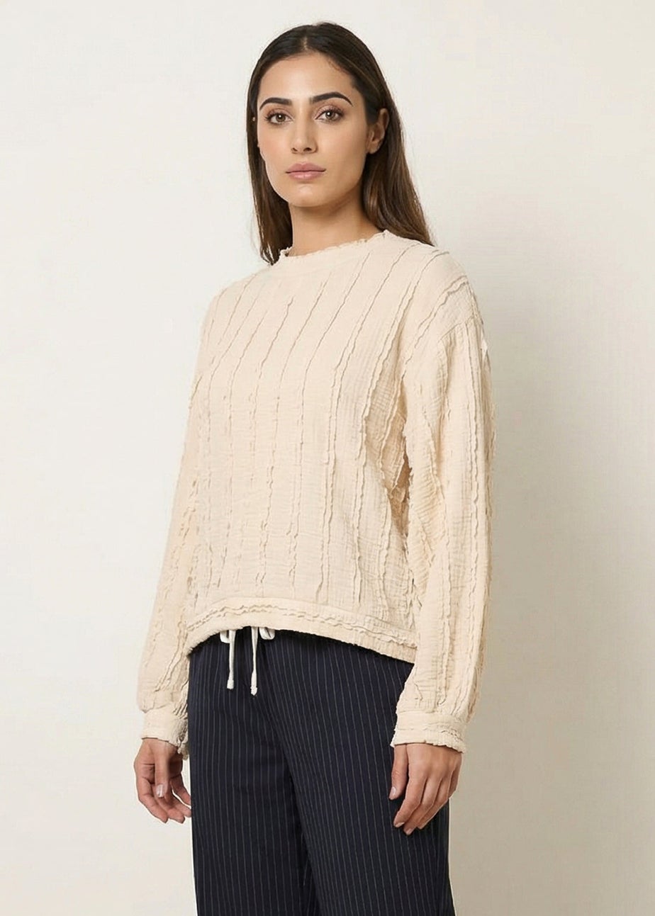 Blue Vanilla Beige Ruffle Detailed Sleeve Top