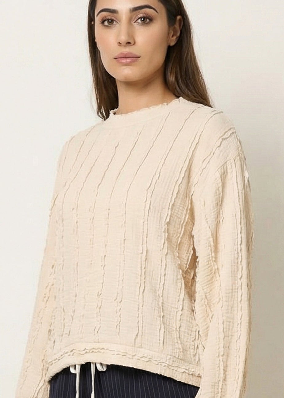 Blue Vanilla Beige Ruffle Detailed Sleeve Top