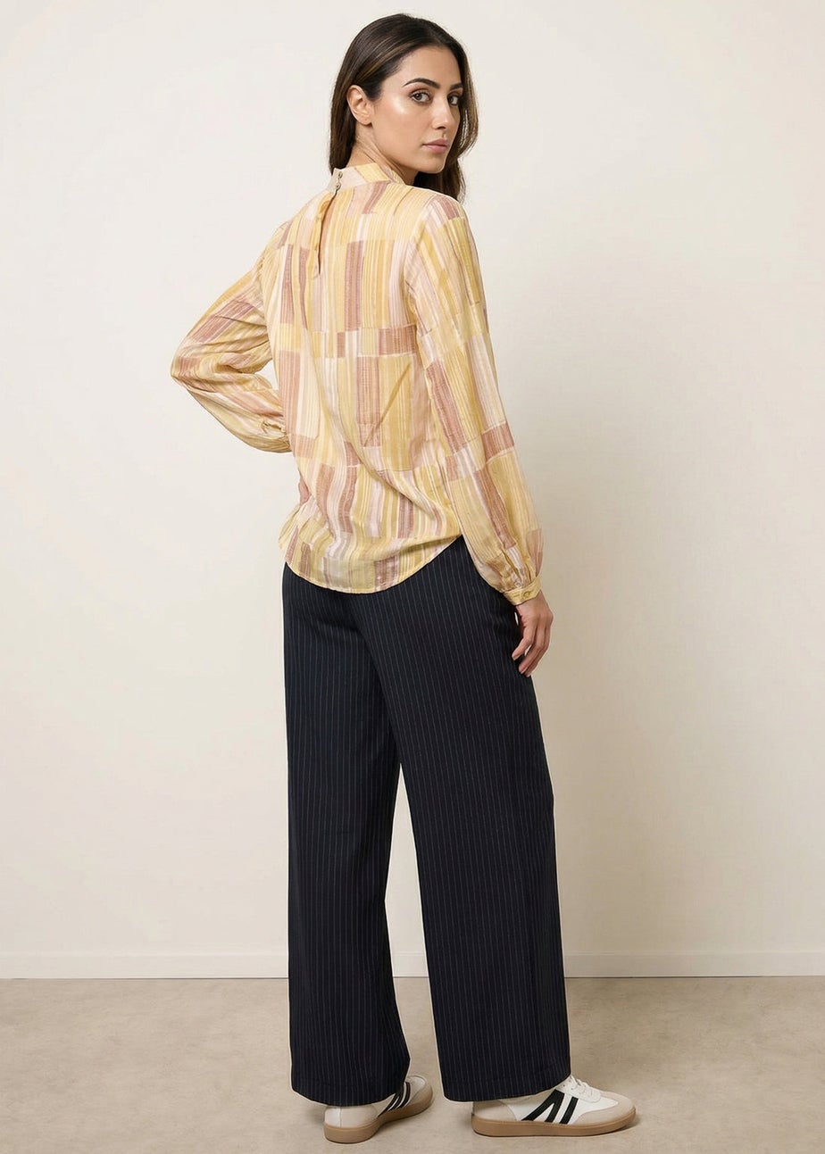 Blue Vanilla Yellow Tile Print Puffball Blouse With Metallic Detail