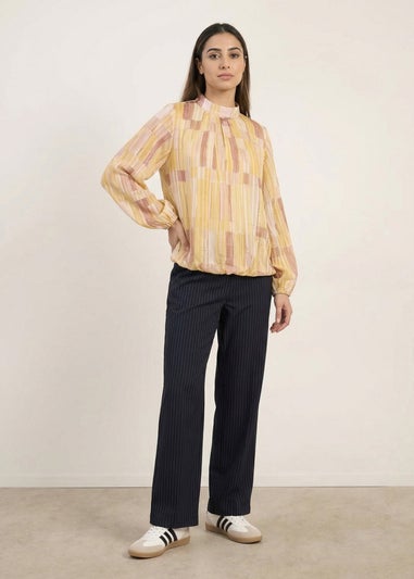 Blue Vanilla Yellow Tile Print Puffball Blouse With Metallic Detail