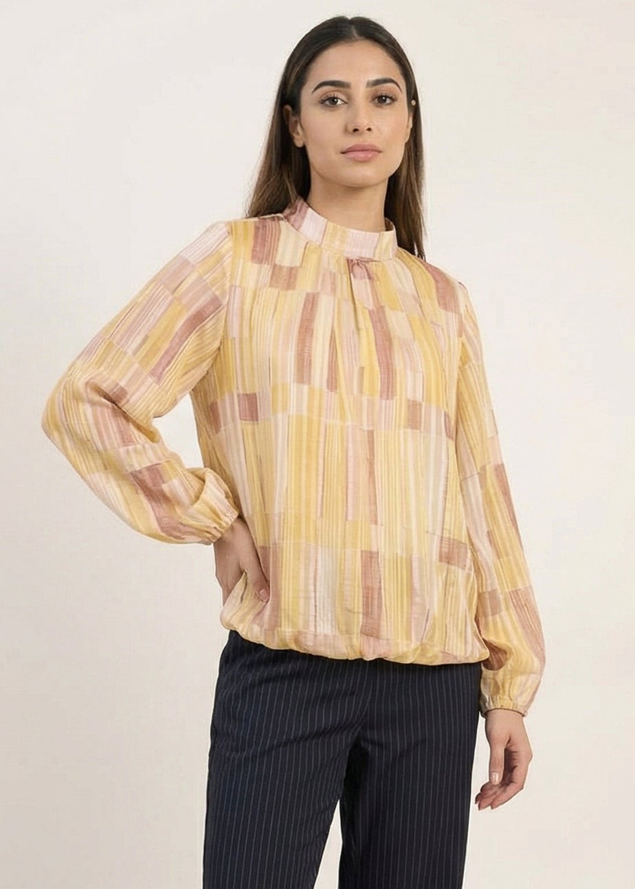Blue Vanilla Yellow Tile Print Puffball Blouse With Metallic Detail