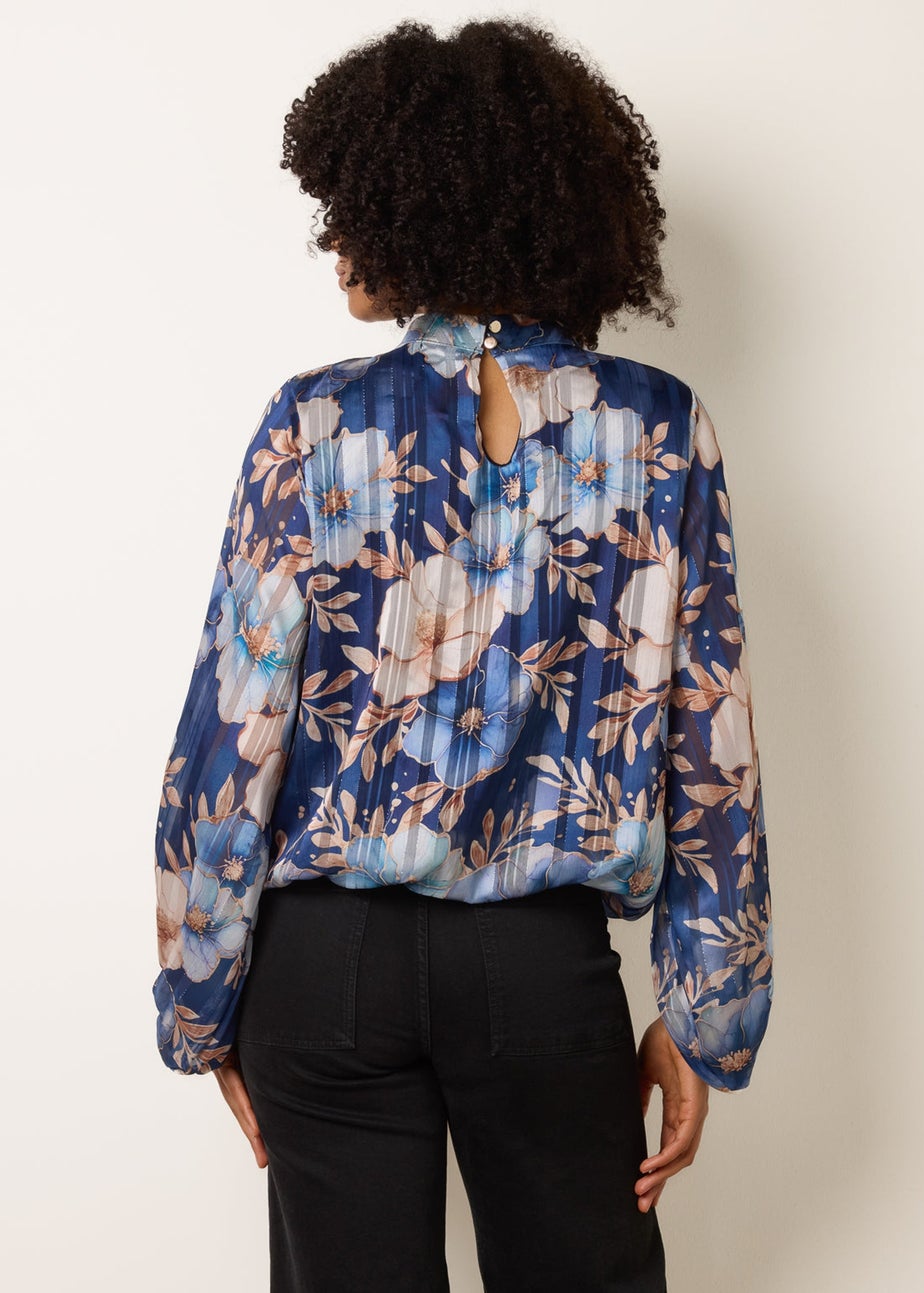 Blue Vanilla Navy Floral Metallic Puffball Top