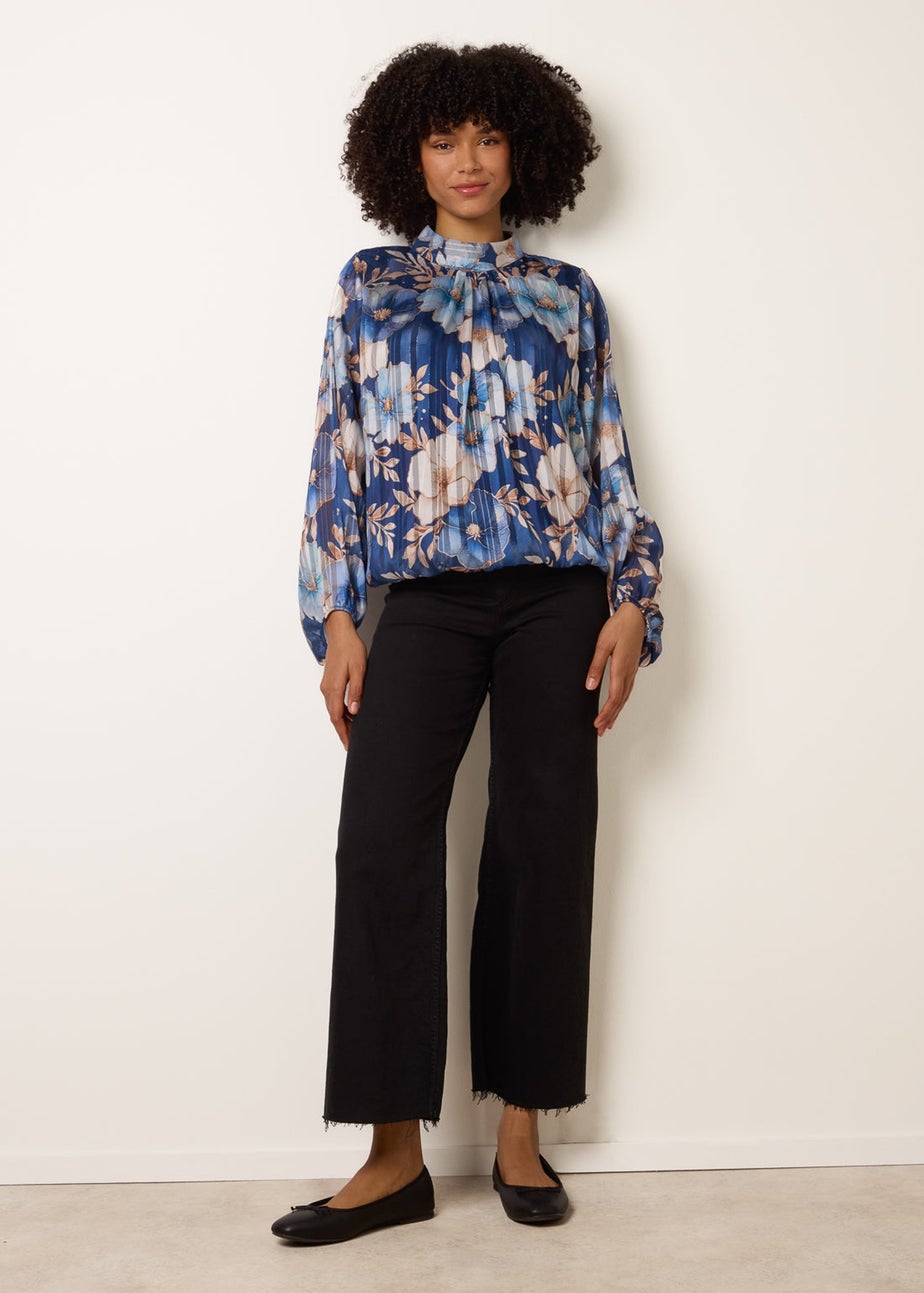 Blue Vanilla Navy Floral Metallic Puffball Top