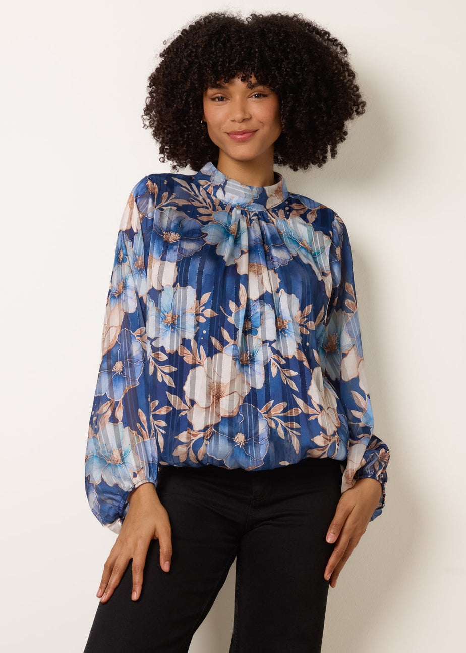 Blue Vanilla Navy Floral Metallic Puffball Top