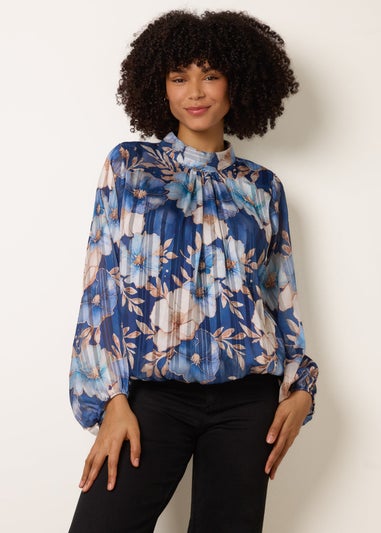Blue Vanilla Navy Floral Metallic Puffball Top