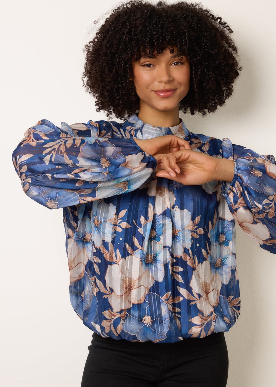 Blue Vanilla Navy Floral Metallic Puffball Top