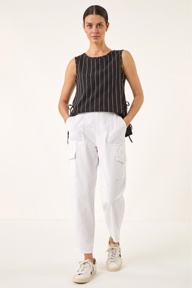Roman White Cotton Cargo Stretch Trousers