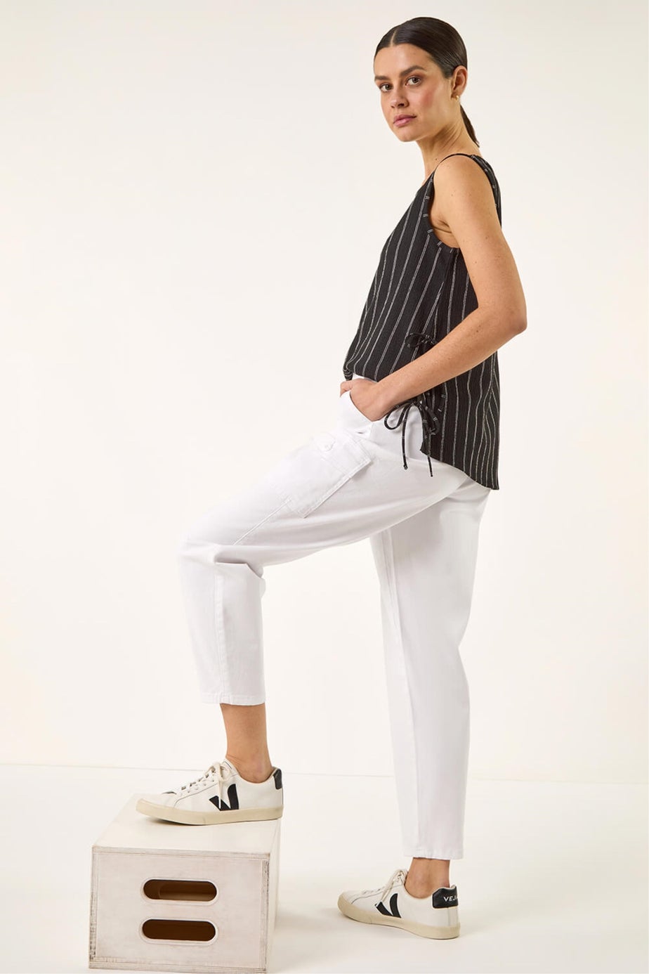 Roman White Cotton Cargo Stretch Trousers