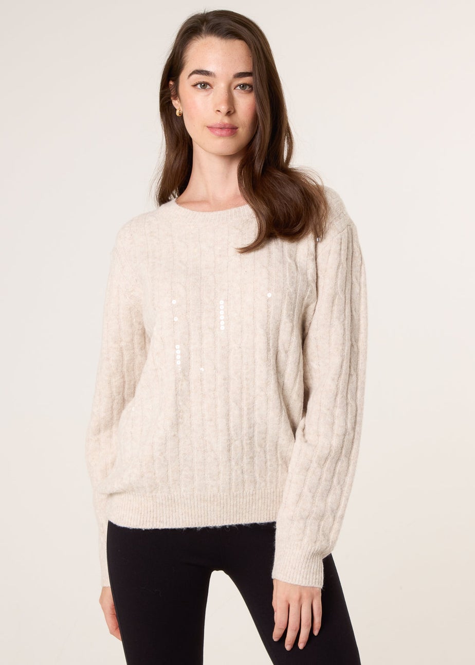 Blue Vanilla Beige Round Neck Jumper With Sequin