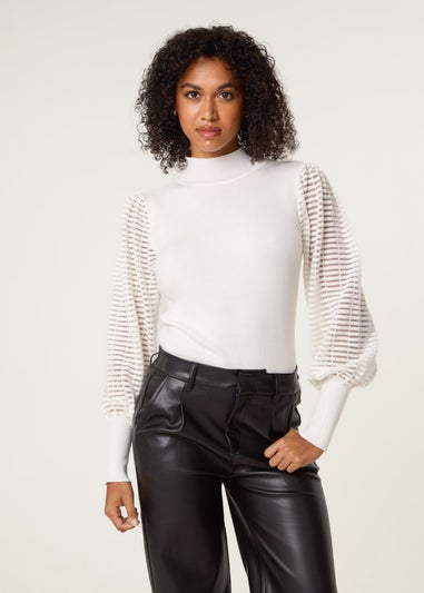 Blue Vanilla Ivory Semi-Sheer Mesh Panel Long Sleeve Jumper