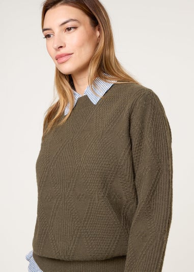 Blue Vanilla Khaki Argyle Texture Knit Jumper