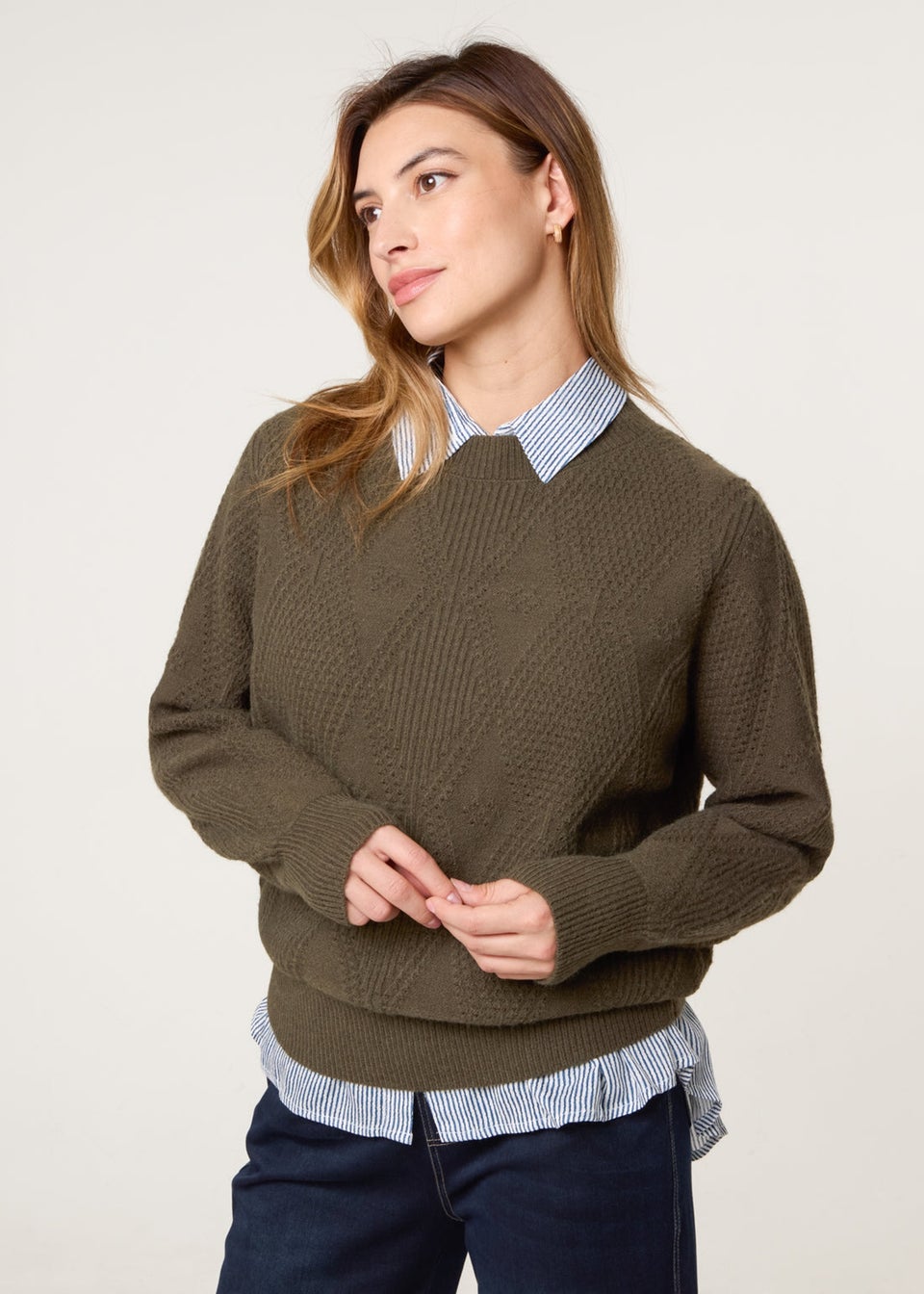 Blue Vanilla Khaki Argyle Texture Knit Jumper