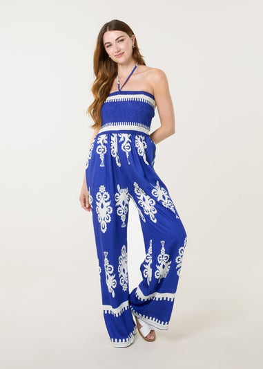 Blue Vanilla Blue Halter Neck Shirred Waist Jumpsuit