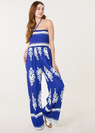 Blue Vanilla Blue Halter Neck Shirred Waist Jumpsuit