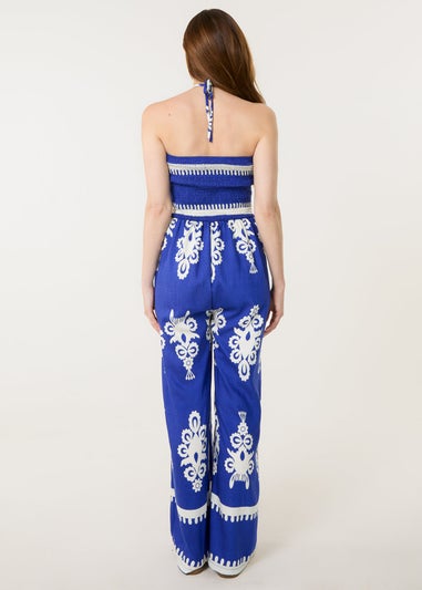 Blue Vanilla Blue Halter Neck Shirred Waist Jumpsuit