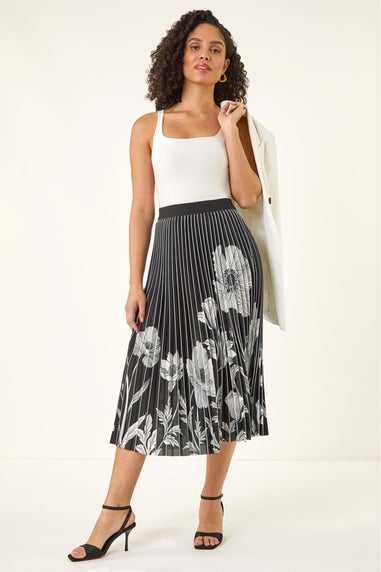 Roman Black Floral Print Pleated Midi Skirt