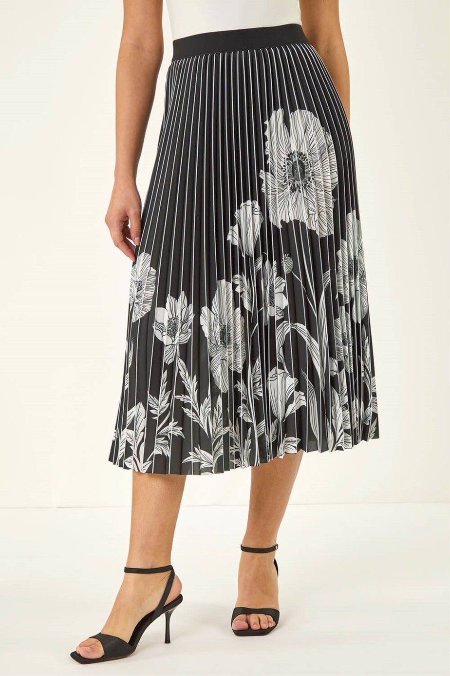 Roman Black Floral Print Pleated Midi Skirt