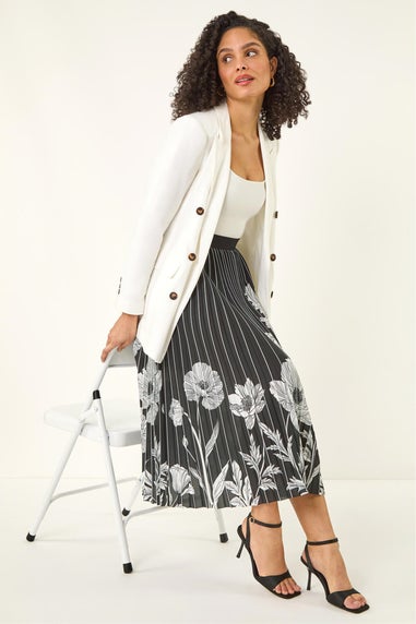 Roman Black Floral Print Pleated Midi Skirt