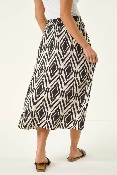 Roman Black Petite Geo Print Tie Waist Midi Skirt