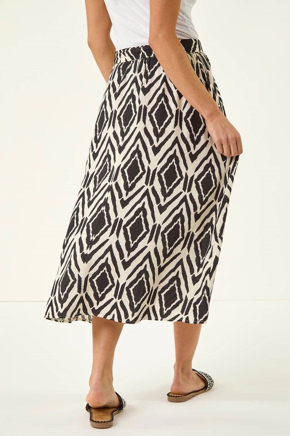 Roman Black Petite Geo Print Tie Waist Midi Skirt