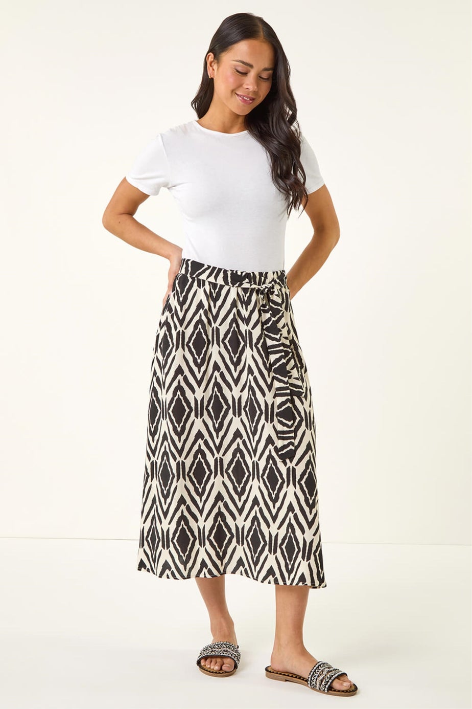 Roman Black Petite Geo Print Tie Waist Midi Skirt