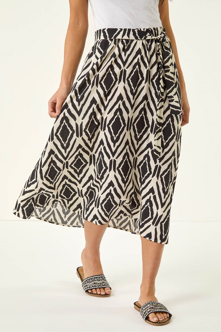 Roman Black Petite Geo Print Tie Waist Midi Skirt