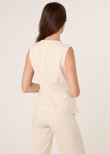 Blue Vanilla Beige Tailored Flower Button Front Sleeveless Vest