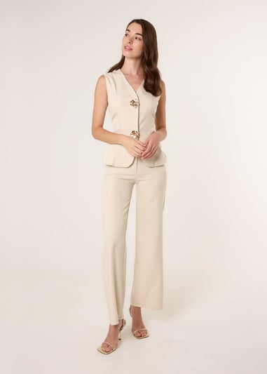 Blue Vanilla Beige Tailored Flower Button Front Sleeveless Vest