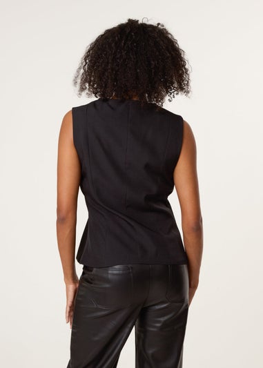 Blue Vanilla Black Tailored Flower Button Front Sleeveless Vest