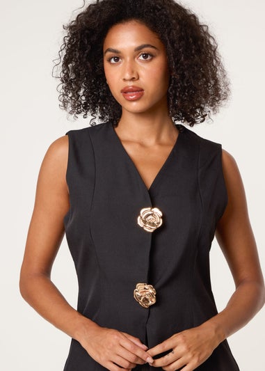 Blue Vanilla Black Tailored Flower Button Front Sleeveless Vest