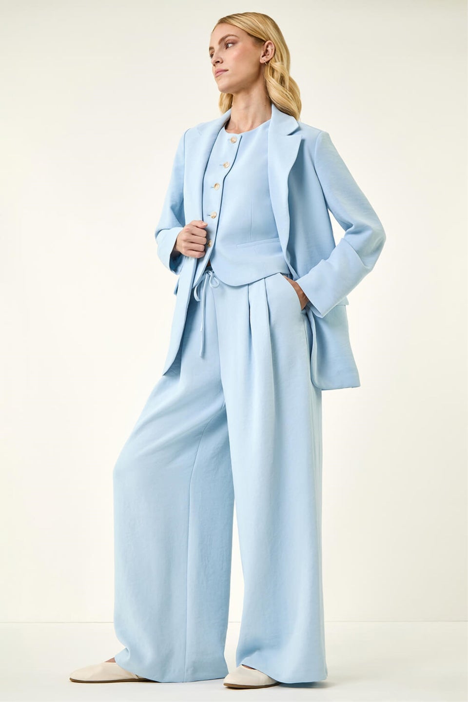 Roman Light Blue Fluid Tie Front Smart Trouser