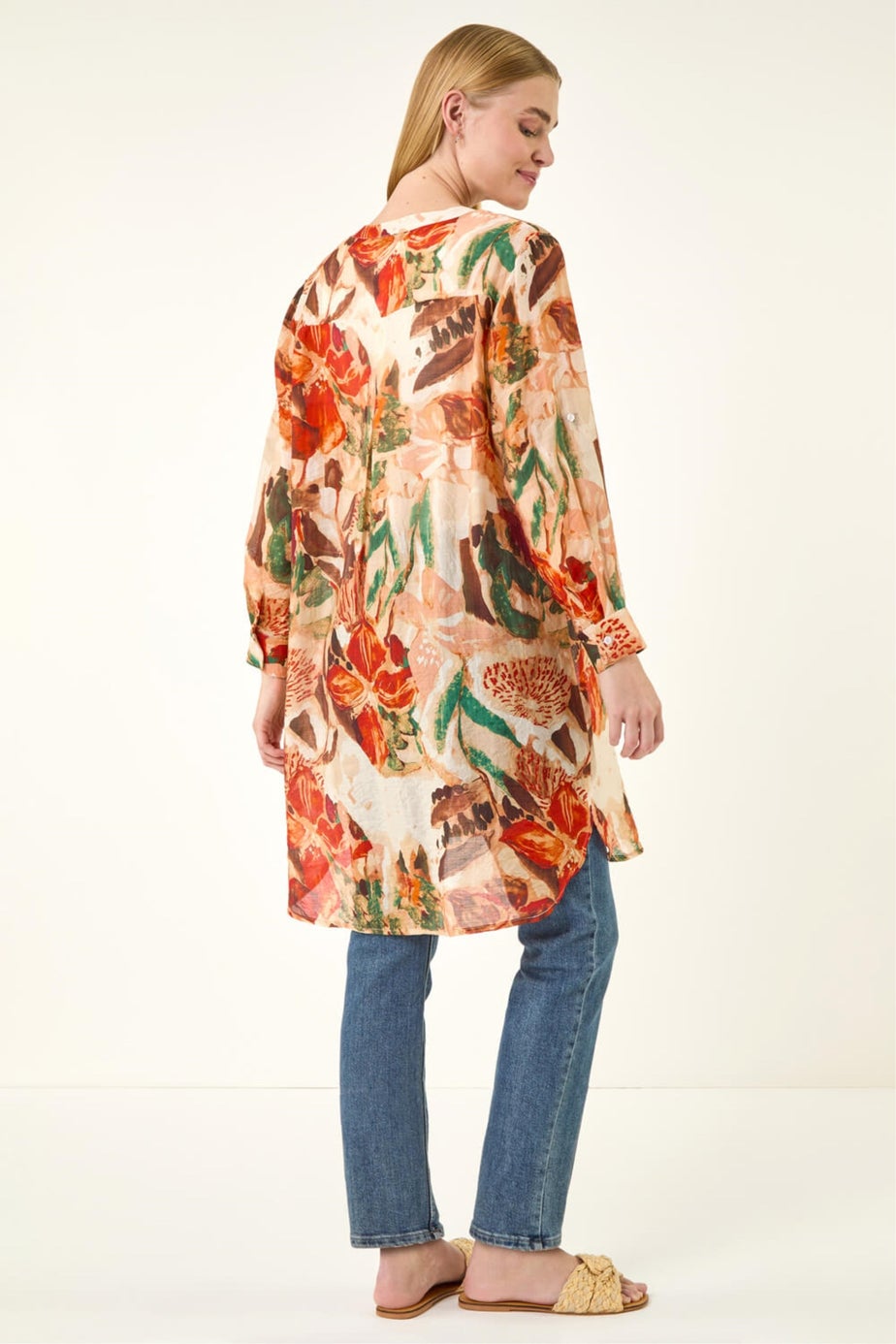 Roman Orange Abstract Print Button Longline Blouse