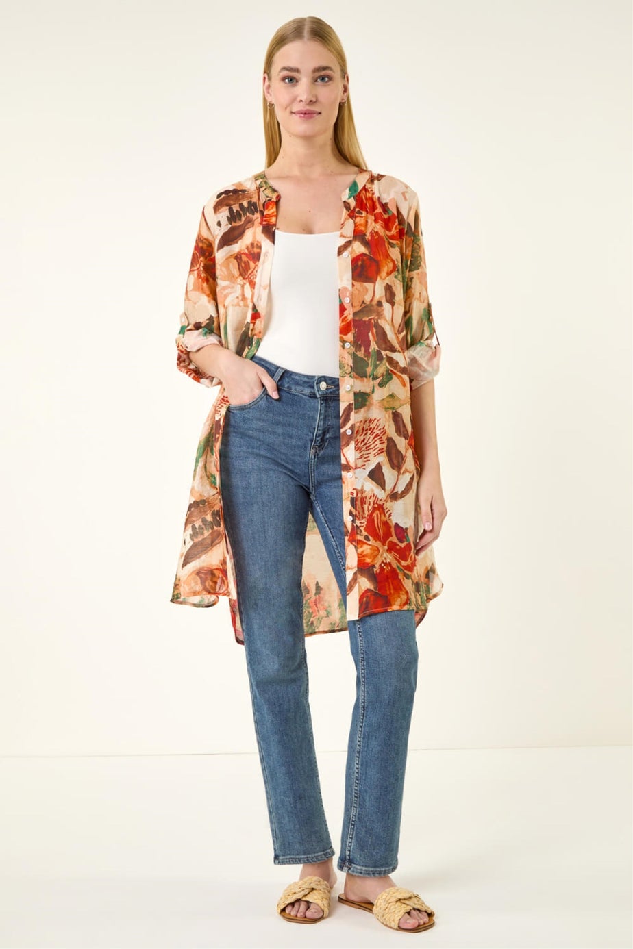 Roman Orange Abstract Print Button Longline Blouse