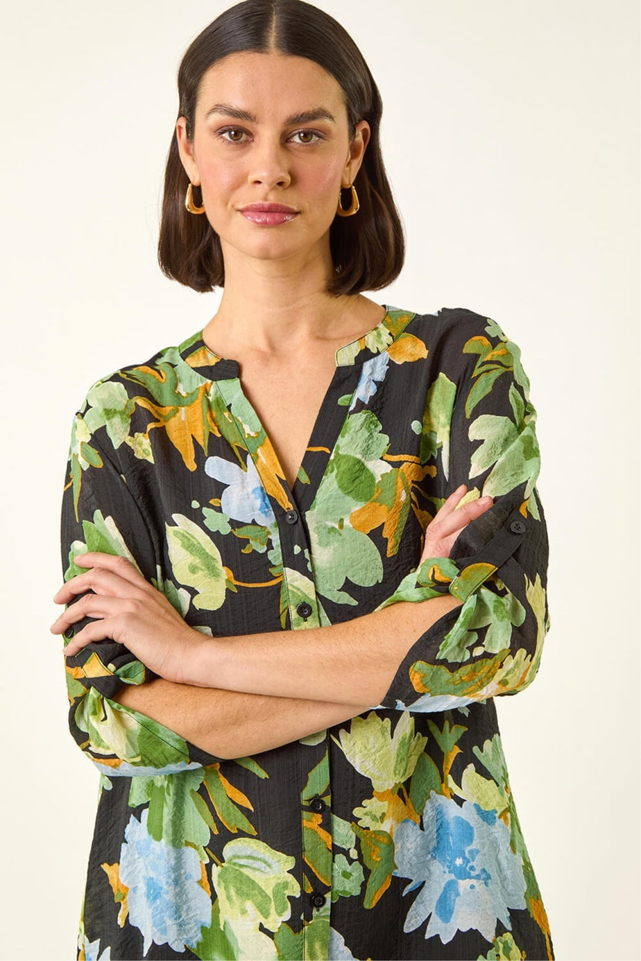Roman Green Floral Longline Buttoned Blouse
