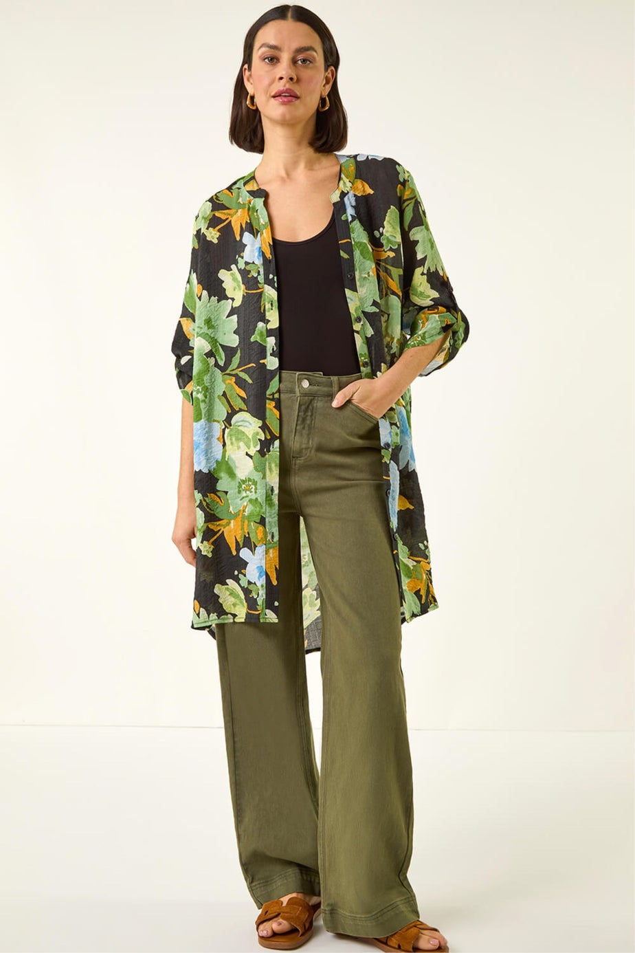 Roman Green Floral Longline Buttoned Blouse