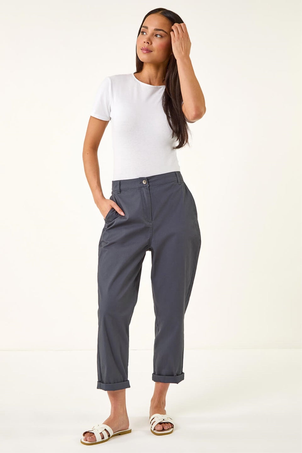 Roman Charcoal Petite Cotton Blend Stretch Chino Trousers