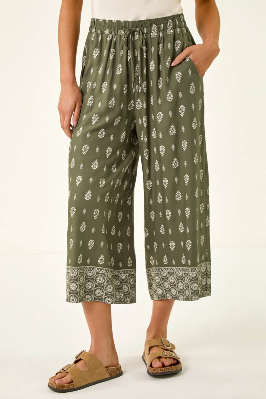 Roman Khaki Petite Aztec Border Cropped Trouser