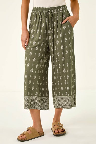 Roman Khaki Petite Aztec Border Cropped Trouser