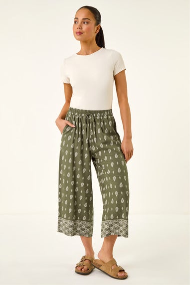 Roman Khaki Petite Aztec Border Cropped Trouser