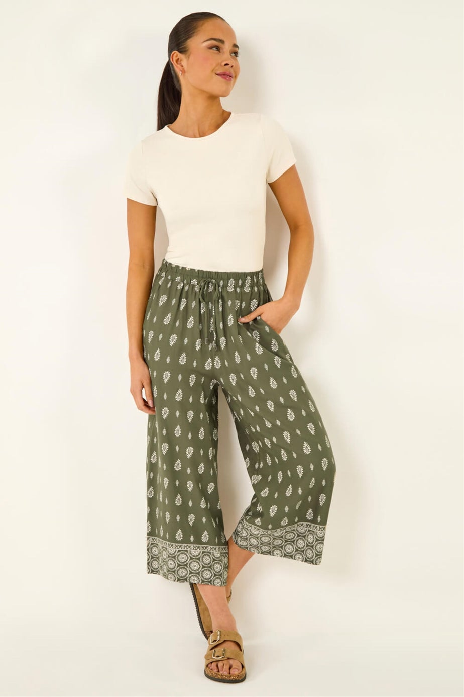 Roman Khaki Petite Aztec Border Cropped Trouser