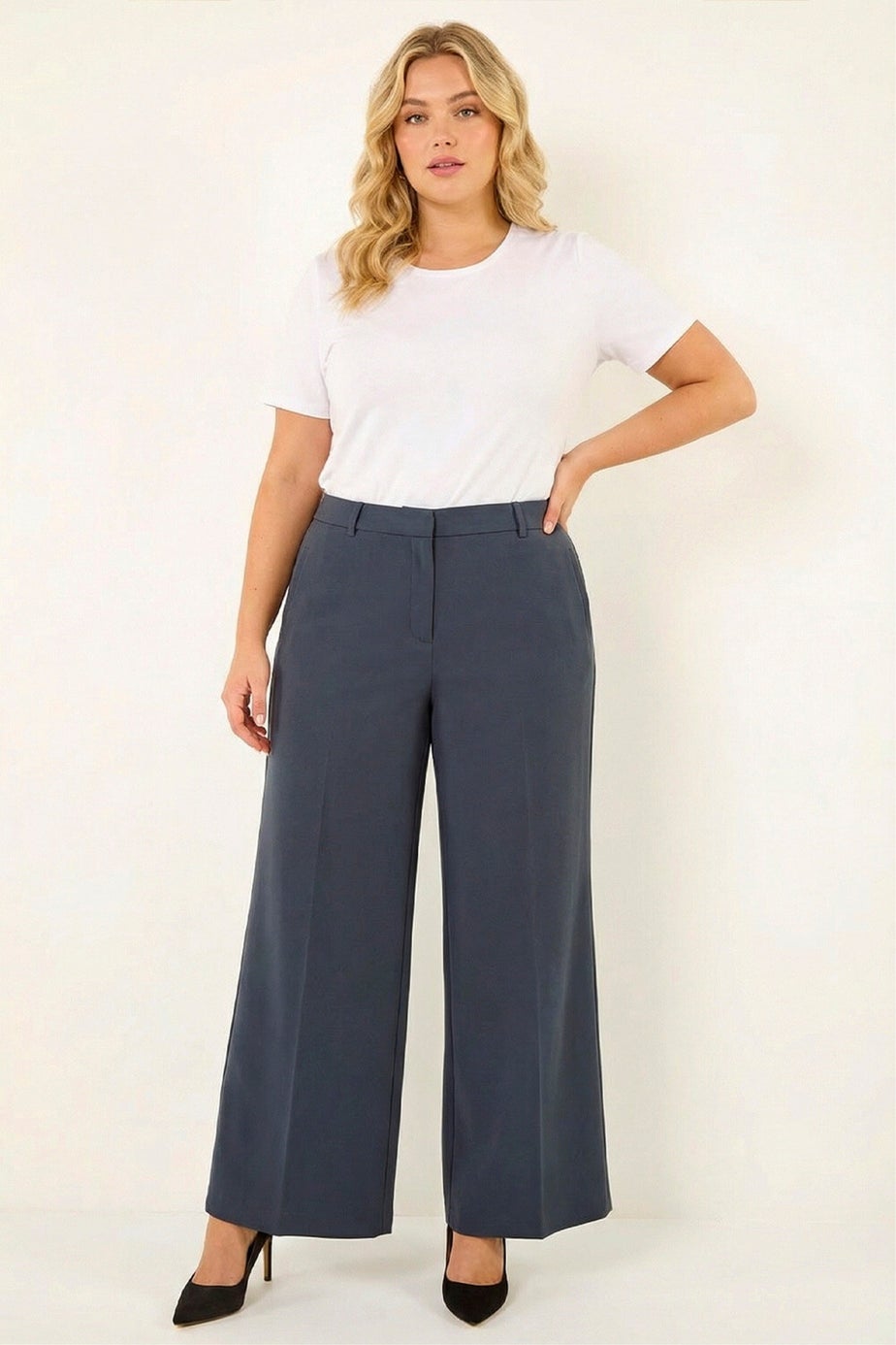 Roman Dark Grey Curve Wide Leg Tailored Trouser