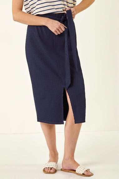 Roman Navy Textured Belted Pencil Skirt