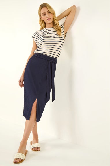 Roman Navy Textured Belted Pencil Skirt