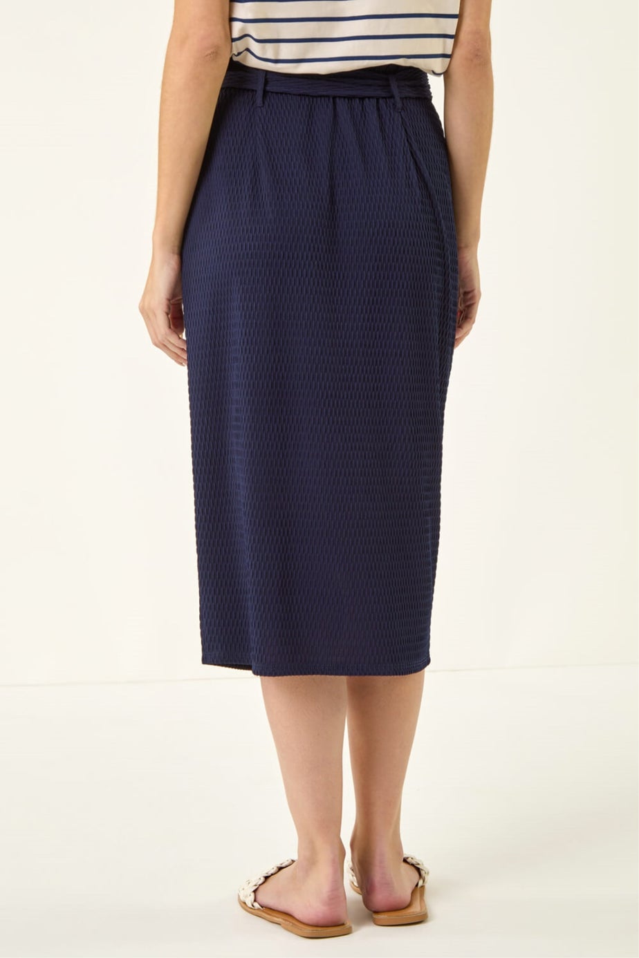 Roman Navy Textured Belted Pencil Skirt