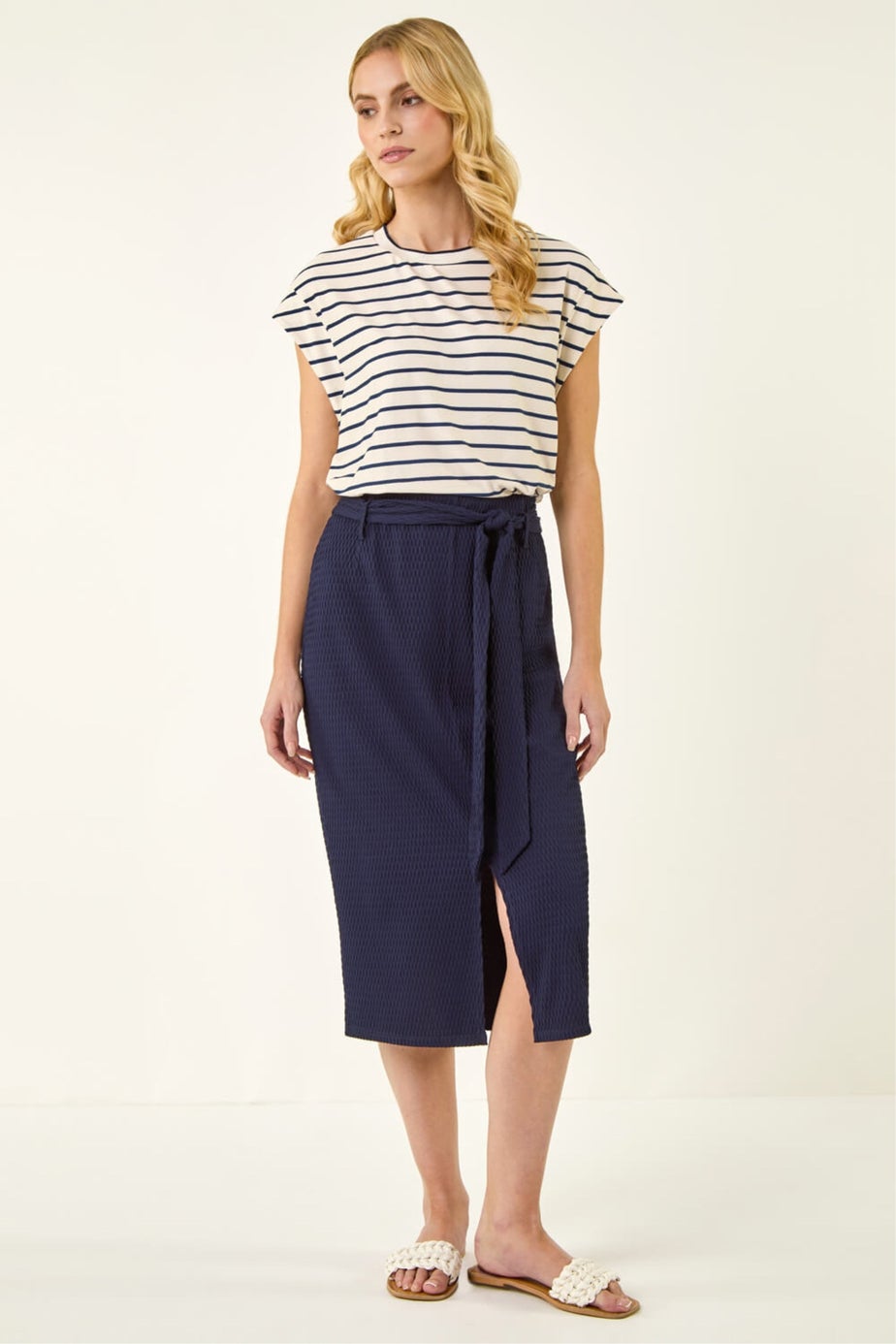 Roman Navy Textured Belted Pencil Skirt
