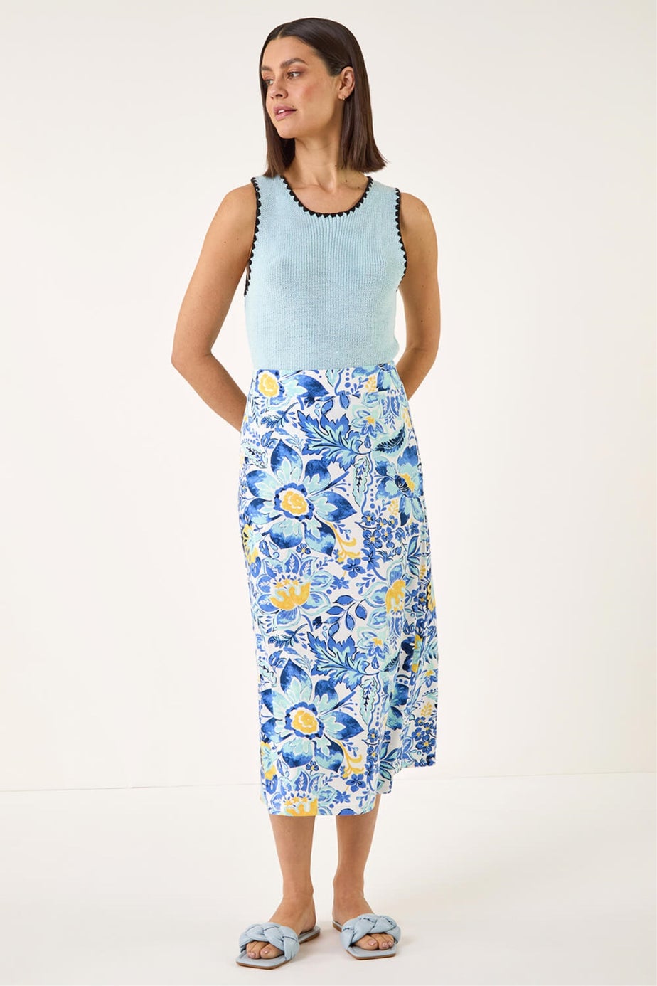 Roman Blue Floral Print Stretch Midi Skirt