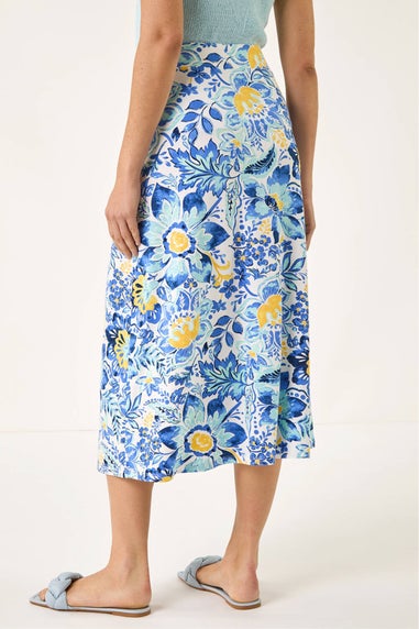 Roman Blue Floral Print Stretch Midi Skirt