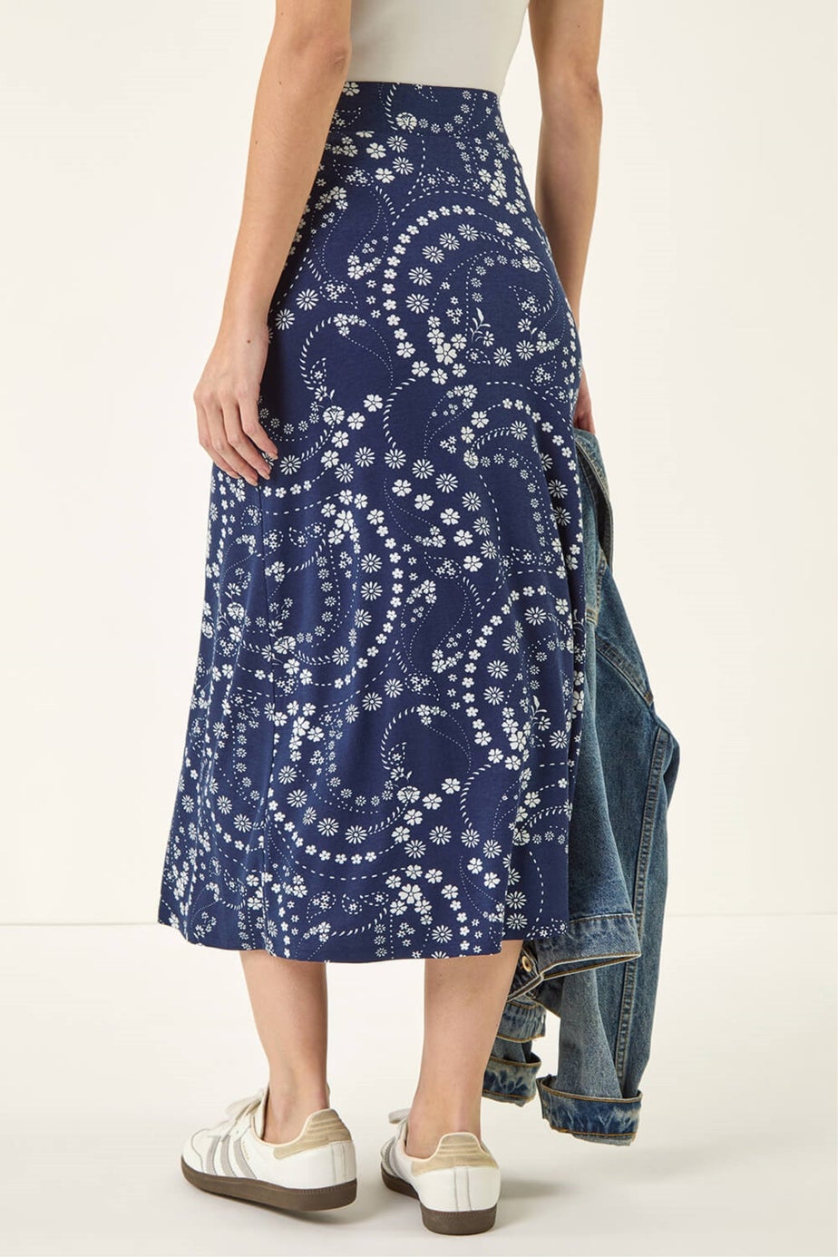 Roman Navy Floral Print Stretch Midi Skirt