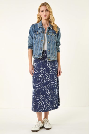 Roman Navy Floral Print Stretch Midi Skirt